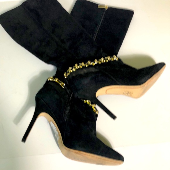 KARL LAGERFELD NWT Black leather suede boots gold chain details SIZE:8.5 - Picture 3 of 7